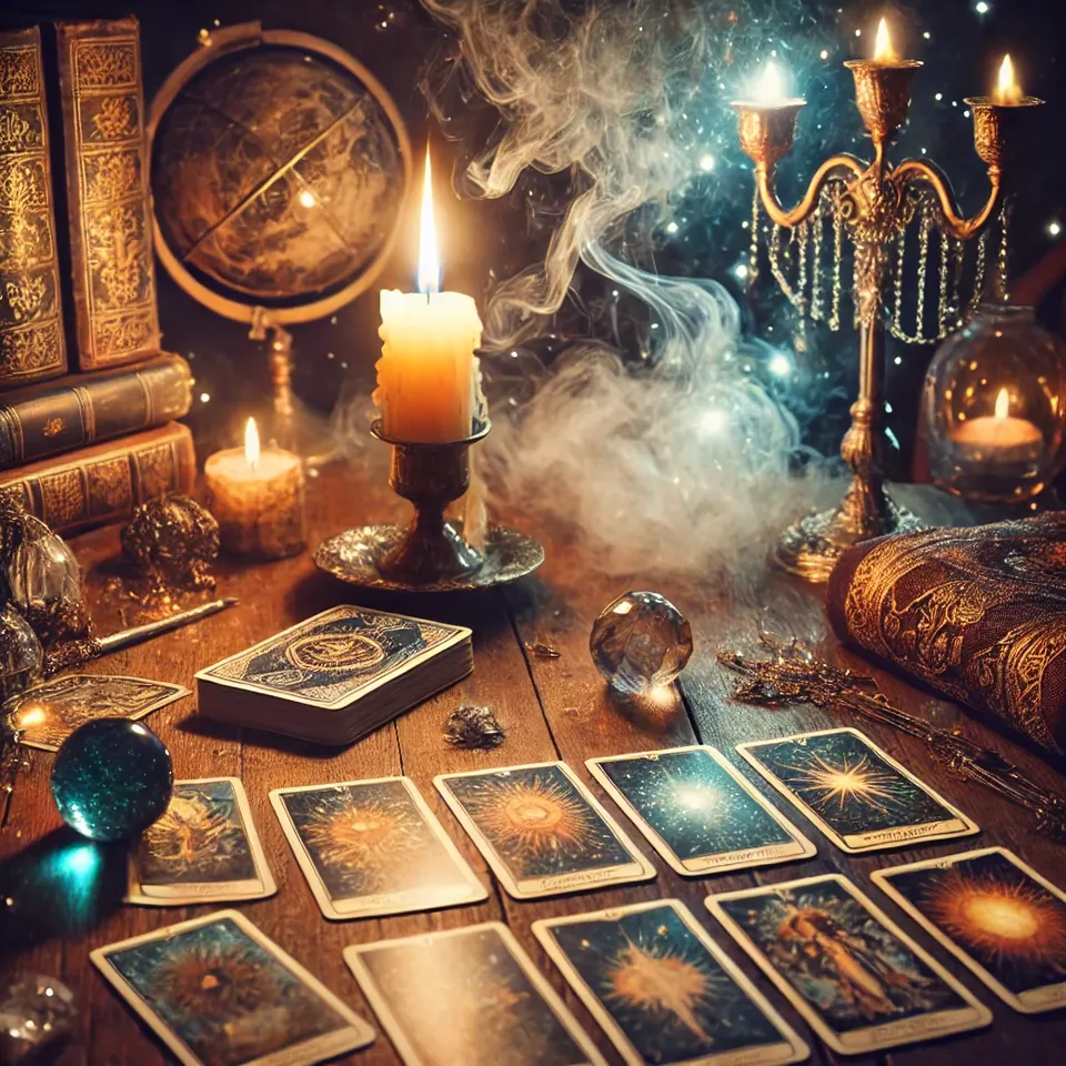 Cartes de tarot étalées près d'une bougie, ambiance de tirage et de guidance